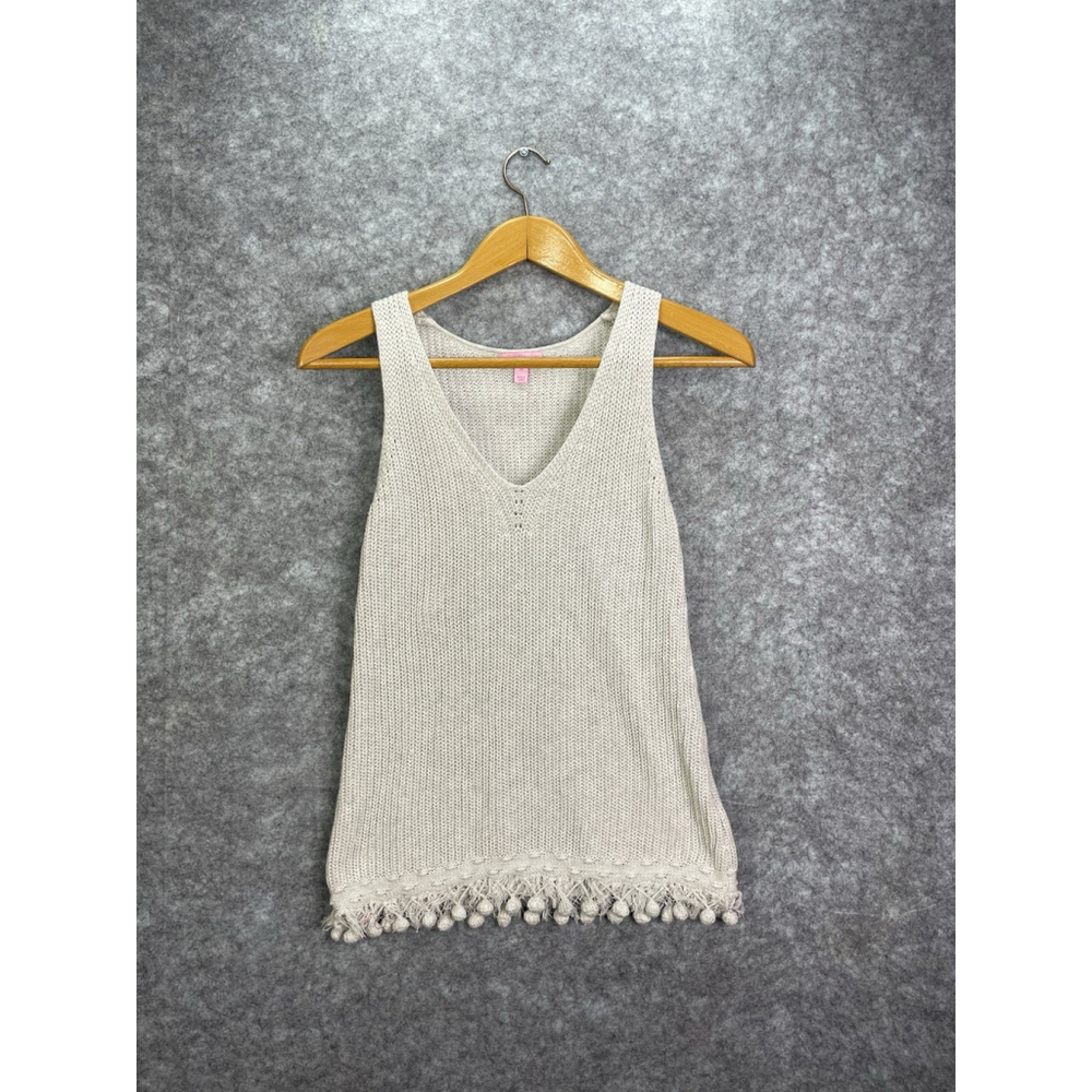 Lilly Pulitzer Jaya Sweater V Neck Pom Pom Knit Tank Top Medium Metallic Grey